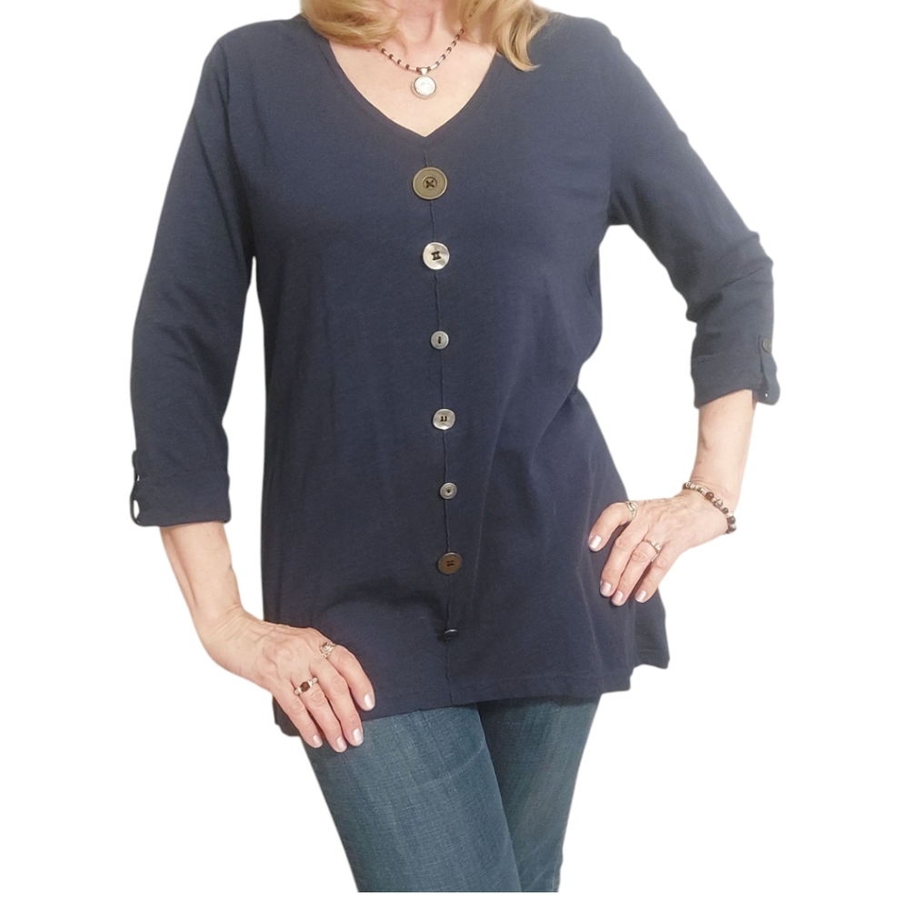 JM Collection Navy V-Neck Button Front Tunic